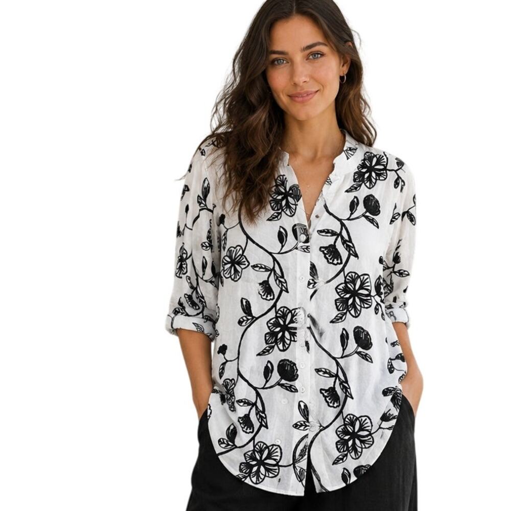 Kindred NEW Embroidered Tunic Womens Size 1X White Black Floral Button Boho